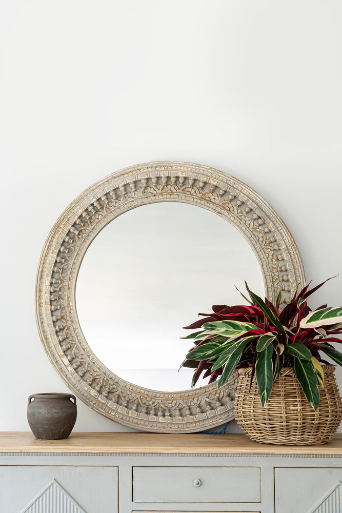 
                
                    Load image into Gallery viewer, Kali Grey Round Carved Mirror - 120cm
                
            