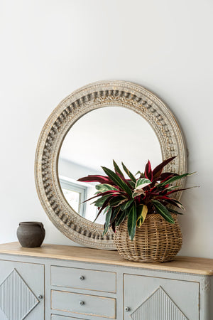 
                
                    Load image into Gallery viewer, Kali Grey Round Carved Mirror - 120cm
                
            