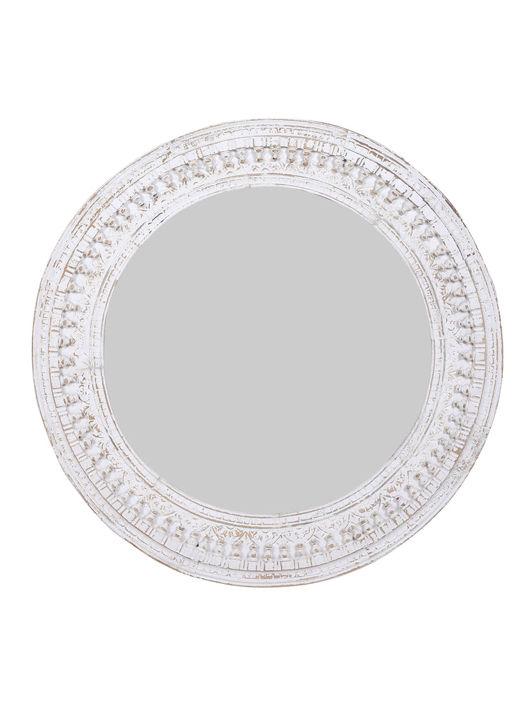 Kali White Round Carved Mirror - 120cm
