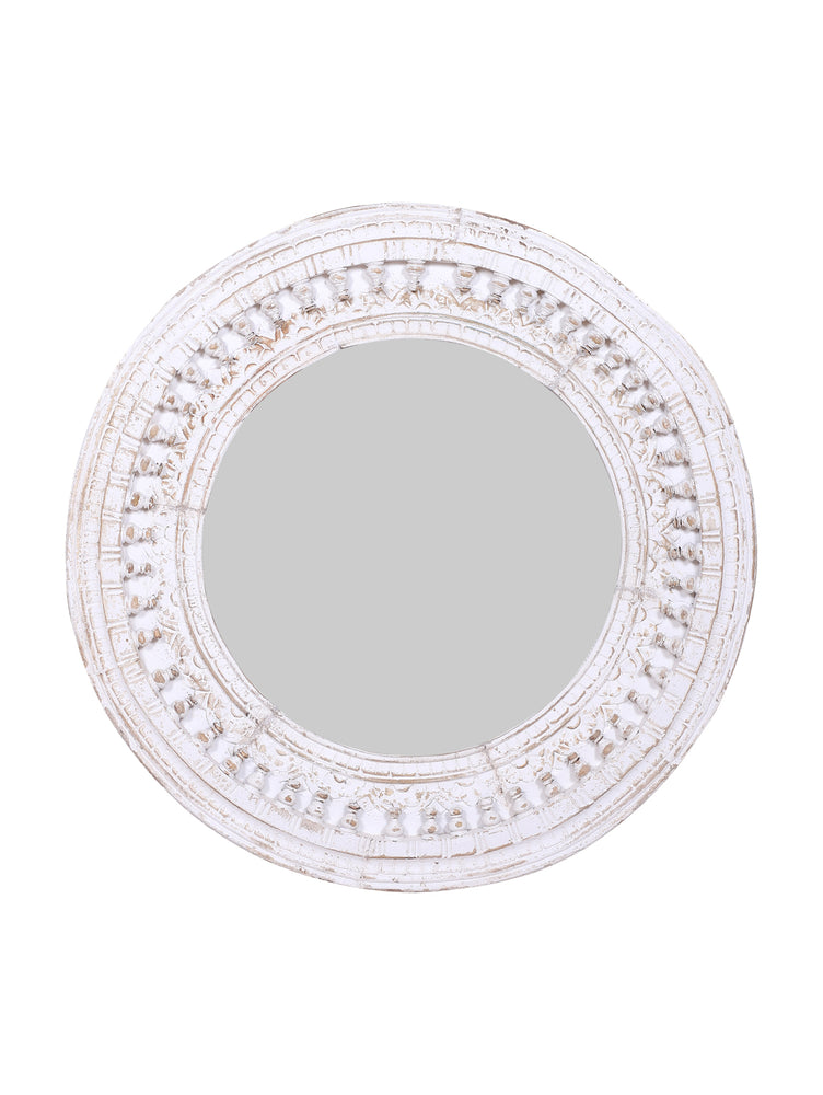 Kali White Round Carved Mirror - 90cm