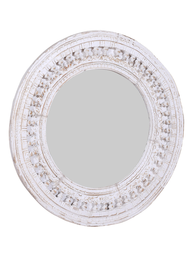 Kali White Round Carved Mirror - 90cm