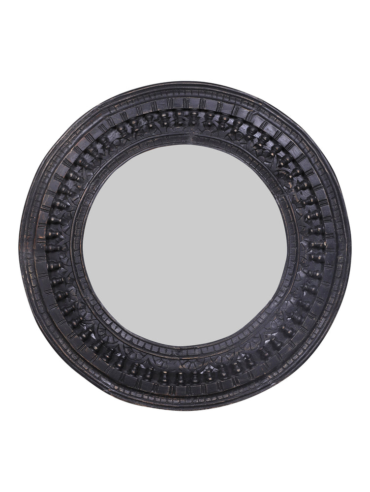 
                
                    Load image into Gallery viewer, Kali Black Round Carved Mirror - 90cm
                
            