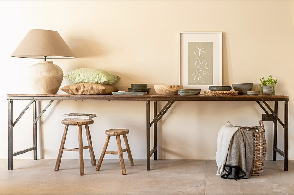 Extra Long Iron Folding Console Table with Wooden Top - 300 x 50cm