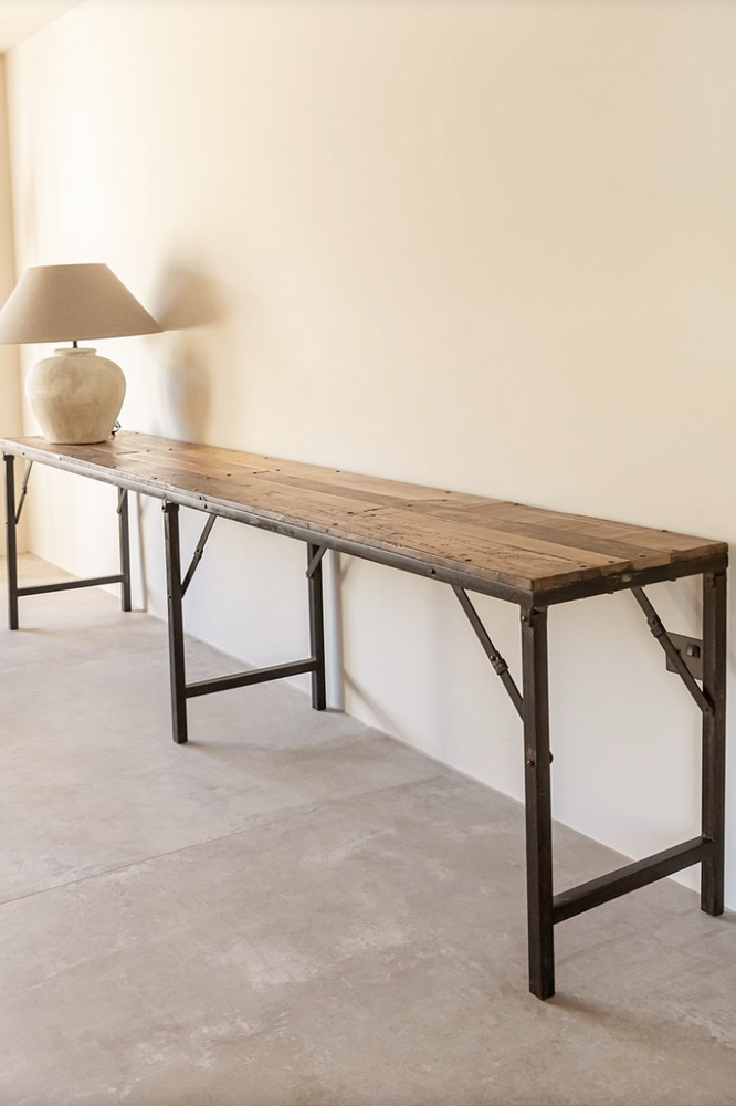 Extra Long Iron Folding Console Table with Wooden Top - 300 x 50cm