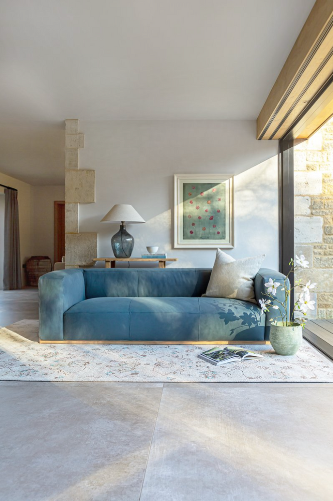 Sky blue leather online sofa